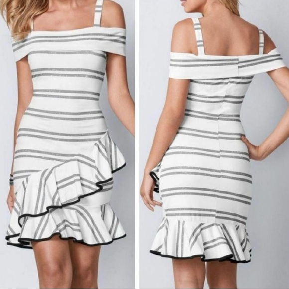 VENUS  CREAM/GREY STRIPED RUFFLE MINI PARTY DRESS. WOMEN’S SIZE MEDIUM - Picture 1 of 9